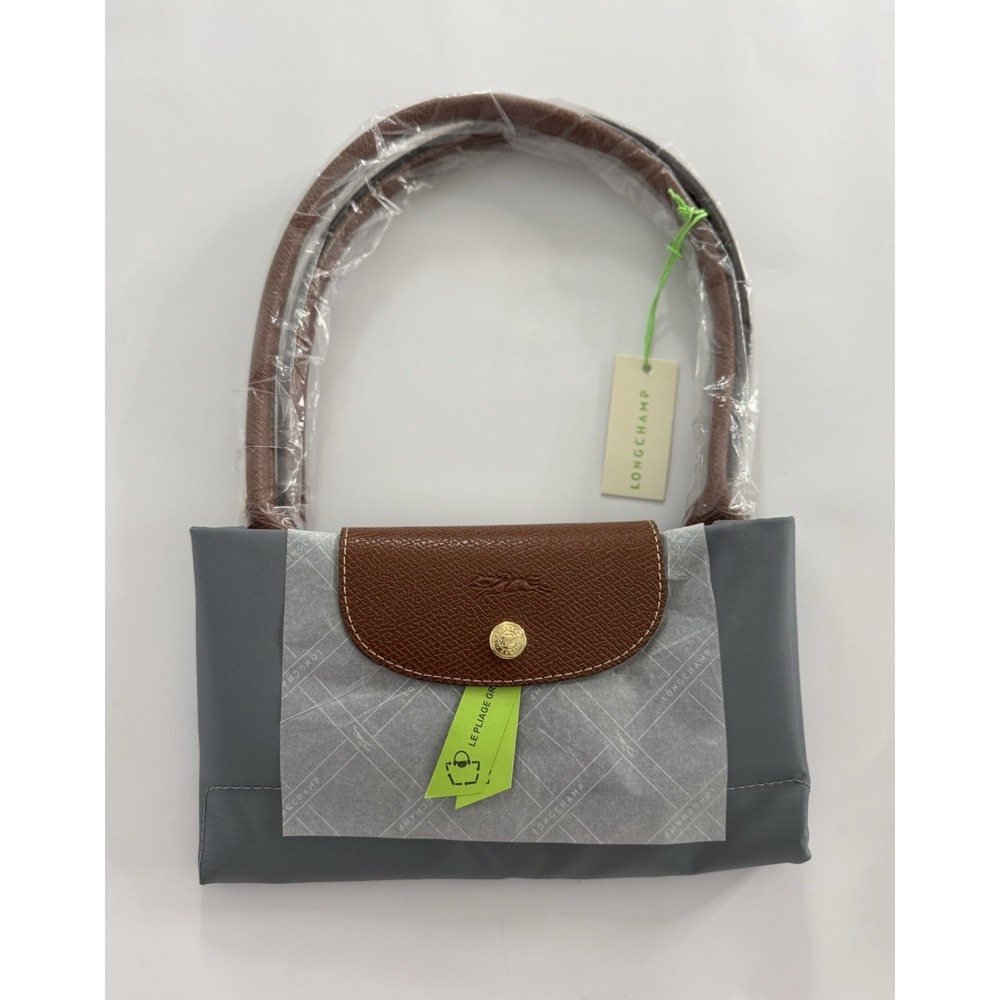 NWT Longchamp Le Pliage Small Tote Gray Nylon Brown Leather Foldable Handbag